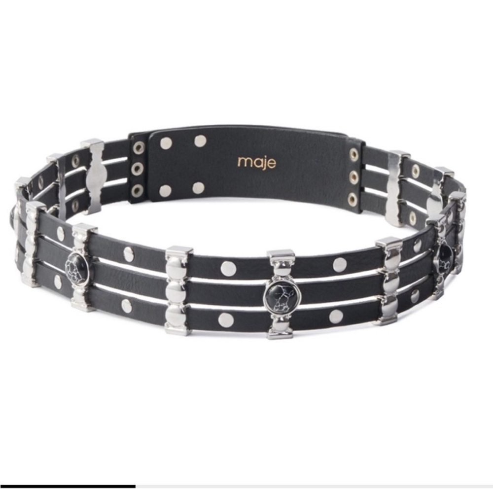 NWT Maje Black Leather Multi-Row Studded Waist Belt with Silver Emblems